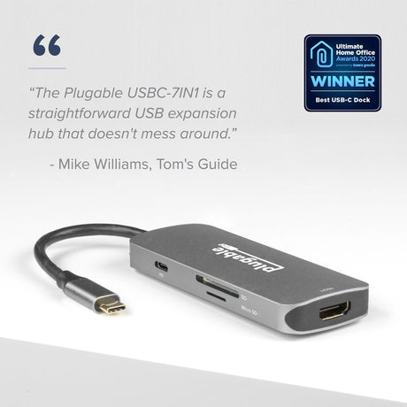 Plugable USB C Hub Multiport Adapter, 7-in-1 Hub Compatible with MacBook Pro, Windows, Chromebook, Dell XPS, Thunderbolt 3 and More — USBC-7IN1