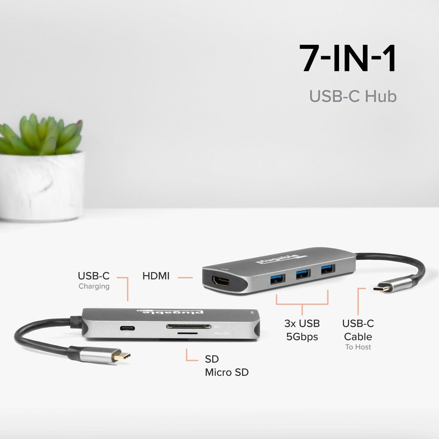 Plugable USB C Hub Multiport Adapter, 7-in-1 Hub Compatible with MacBook Pro, Windows, Chromebook, Dell XPS, Thunderbolt 3 and More — USBC-7IN1