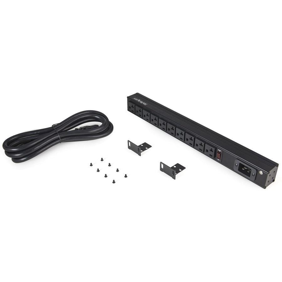 StarTech.com 10 Outlet Rack Mount Power Strip 125V/16 Amp, 1U Horizontal 19" Rackmount PDU, NEMA 5-20P Input, 10x NEMA 5-15/20R Outlets — RKPW101920