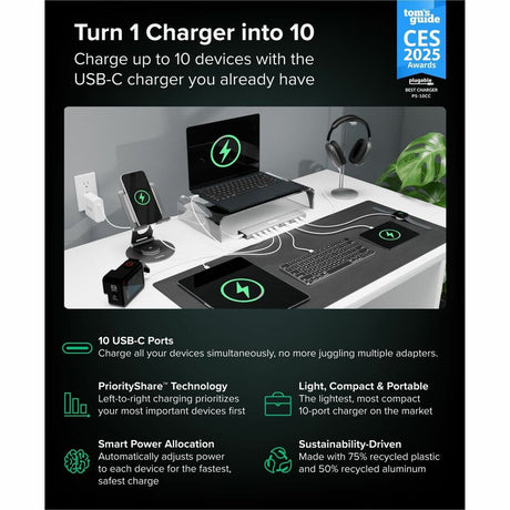 Plugable 10 Port USB C Charging Station, Up to 100W Charger for Multiple Devices with Priority Charging — PS-10CC