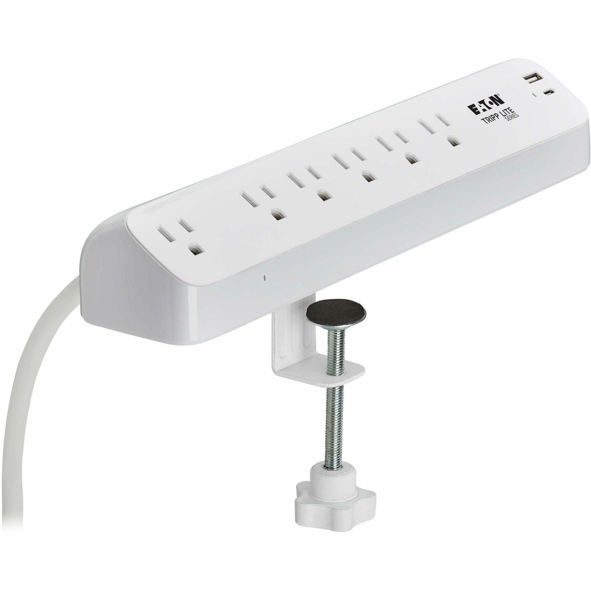 Eaton Tripp Lite Series Protect It! 6-Outlet Surge Protector with USB-A and USB-C Charging Ports - 5-15R Outlets, 900 Joules, Desk Clamp, 6 ft. (1.8 m) Cord, White — TLP66UCLAMP