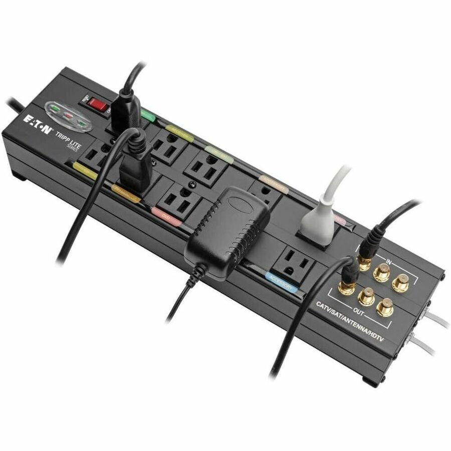 Eaton Tripp Lite Series Isobar 10-Outlet Home/Business Theater Surge Protector, 8 ft. Cord with Right-Angle Plug, 3840 Joules, LEDs, Metal Housing — HT10DBS