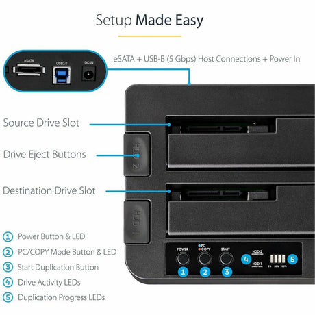 StarTech.com Dual Bay Hard Drive Duplicator Dock, Standalone HDD/SSD Cloner/Copier, USB 3.0 / eSATA to SATA III Hard Drive Cloner — SDOCK2U33RE