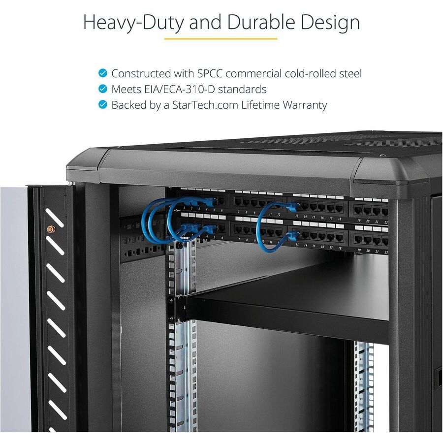 StarTech.com 1U 4-Post 19.5 to 38in Adjustable Mounting Depth Rack Mount Shelf - Heavy Duty Fixed Rack Shelf - 330 lb / 150kg - 27.5in Deep — ADJSHELFHD