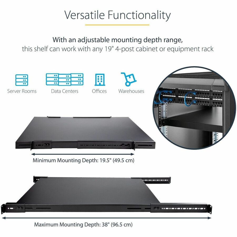 StarTech.com 1U 4-Post 19.5 to 38in Adjustable Mounting Depth Rack Mount Shelf - Heavy Duty Fixed Rack Shelf - 330 lb / 150kg - 27.5in Deep — ADJSHELFHD