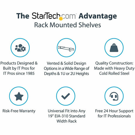 StarTech.com 2U Server Rack Cabinet Shelf - Fixed 16" Deep Cantilever Rackmount Tray for 19" Data/AV/Network Enclosure w/cage nuts, screws — CABSHELF