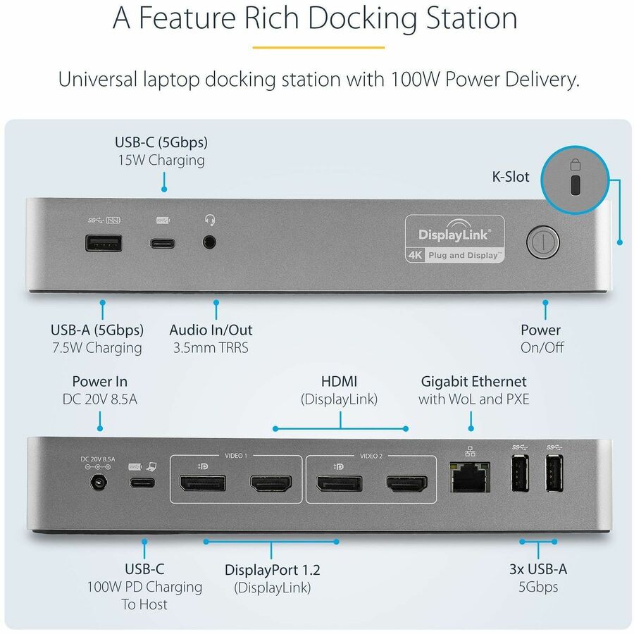 StarTech.com Universal Laptop Docking Station, Hybrid USB-C & USB-A Dock, Dual 4K DP & HDMI, 100W PD, Mac / Windows / Chrome OS, GbE — DK30C2DPEP