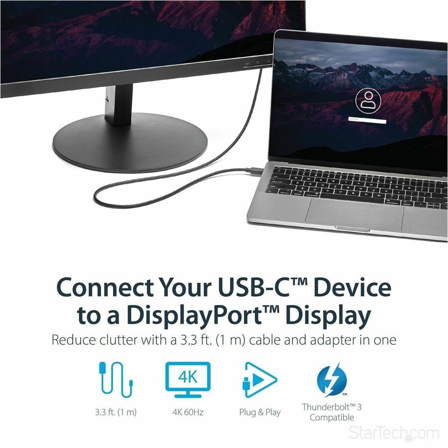 StarTech.com 3ft/1m USB C to DisplayPort 1.2 Cable 4K 60Hz - USB Type-C to DP Video Adapter Monitor Cable HBR2 - TB3 Compatible - Black — CDP2DPMM1MB