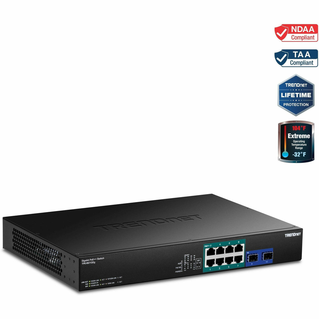 TRENDnet TPE-BG102g- 10-Port Gigabit 240W PoE++ Switch with 4 x 95W PoE++ Ports- 4 x 30W PoE+ Ports- 2 Gigabit SFP Slots, 240W PoE Budget- 1U 19" Rack Mountable — TPE-BG102g