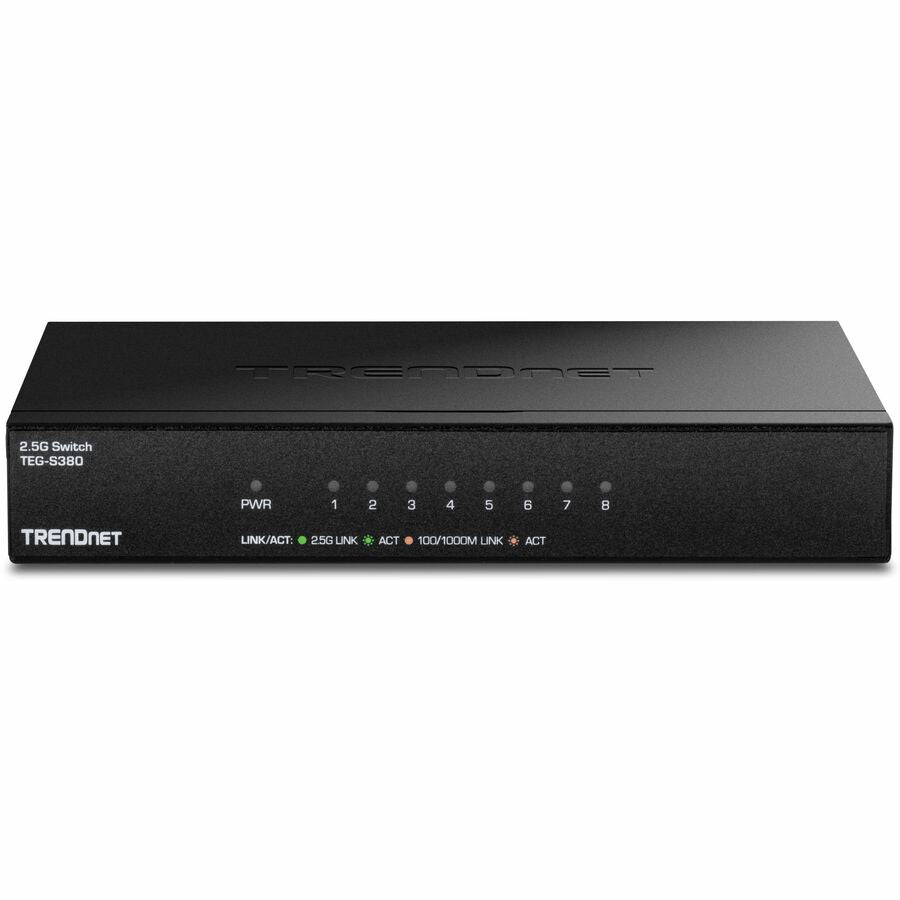 TRENDnet 8-Port 2.5Gb Multi-Gigabit Unmanaged Gaming Switch, TEG-S380, 8 x 2.5GBASE-T Ports, 25Gbps Switching Capacity, Ethernet Splitter, NDAA & TAA Compliant, Fanless, Lifetime Protection, Black — TEG-S380