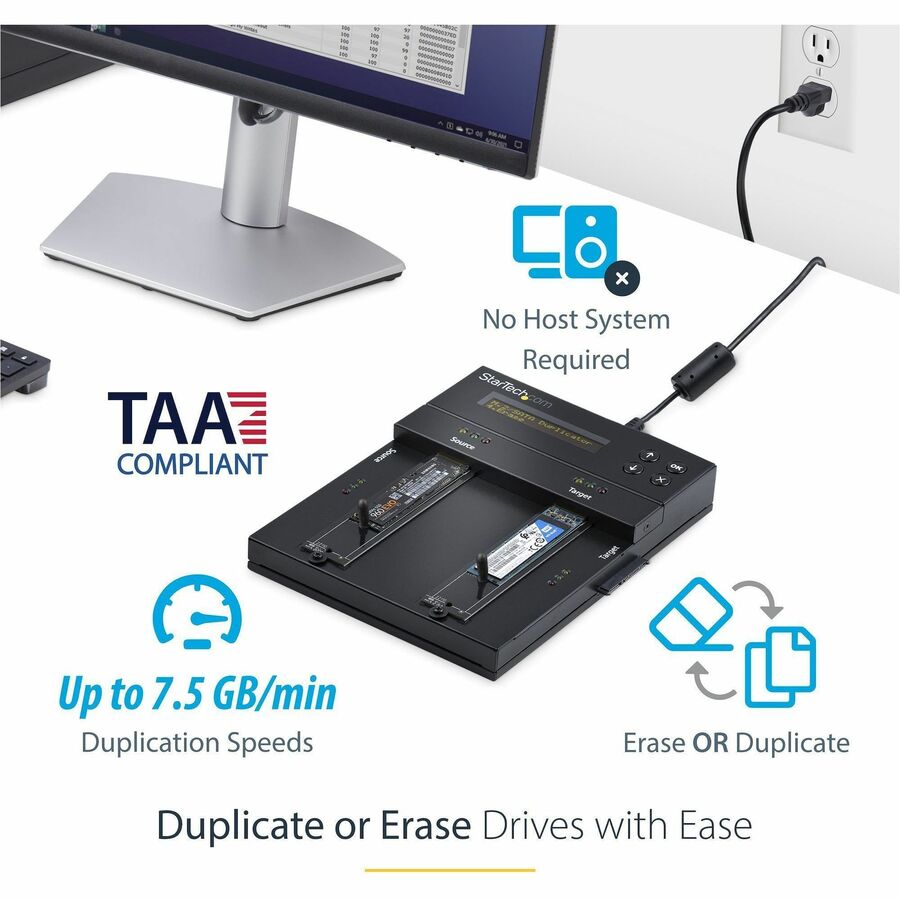 StarTech.com Standalone Dual Bay M.2 SATA/NVMe Duplicator/Eraser, HDD/SSD Cloner/Wiper, M.2 PCIe/AHCI, Hard Drive Sanitizer/Copier, TAA — SM2DUPE11