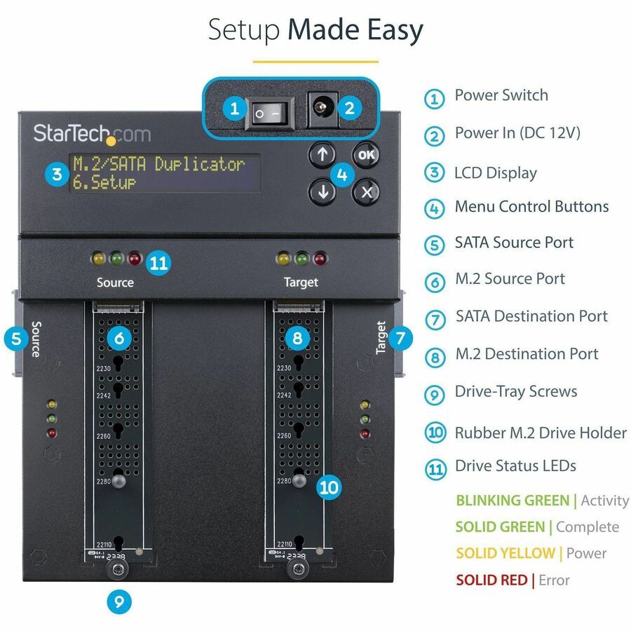 StarTech.com Standalone Dual Bay M.2 SATA/NVMe Duplicator/Eraser, HDD/SSD Cloner/Wiper, M.2 PCIe/AHCI, Hard Drive Sanitizer/Copier, TAA — SM2DUPE11