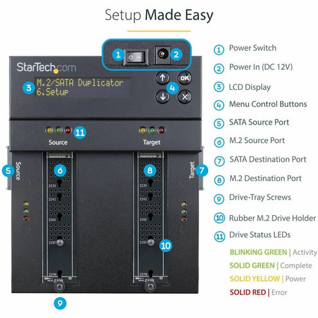 StarTech.com Standalone Dual Bay M.2 SATA/NVMe Duplicator/Eraser, HDD/SSD Cloner/Wiper, M.2 PCIe/AHCI, Hard Drive Sanitizer/Copier, TAA — SM2DUPE11