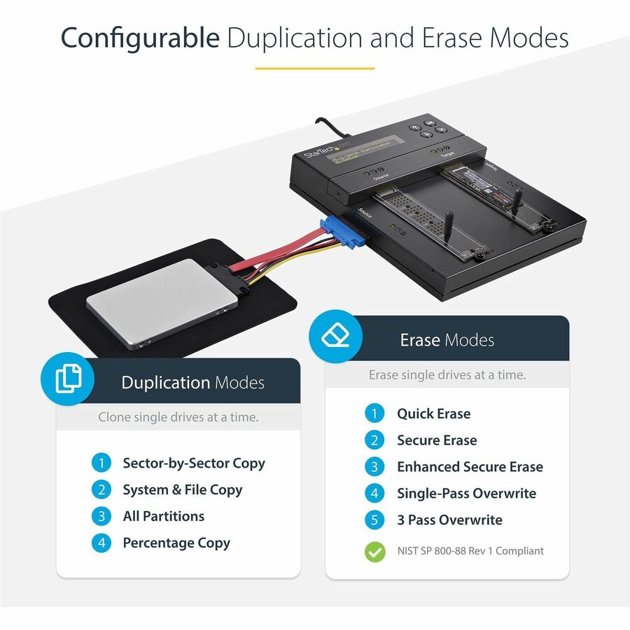 StarTech.com Standalone Dual Bay M.2 SATA/NVMe Duplicator/Eraser, HDD/SSD Cloner/Wiper, M.2 PCIe/AHCI, Hard Drive Sanitizer/Copier, TAA — SM2DUPE11