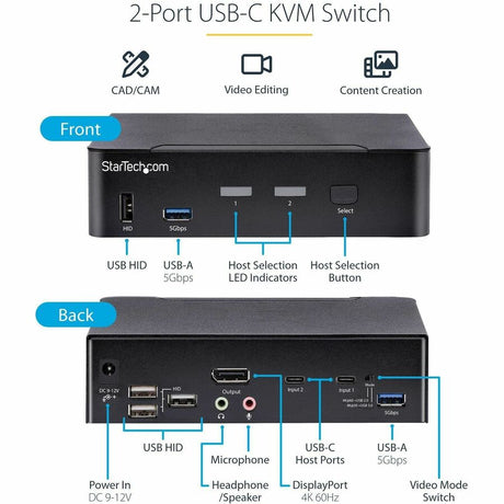 StarTech.com USB-C KVM Switch, 2 Port DisplayPort KVM w/ 4K 60Hz UHD HDR Video, 3.5mm Audio, USB Type-C KVM Switch, 6x USB Hub Ports, Thunderbolt 3/4 Compatible - Hot Key Switching — SV231DPUCA