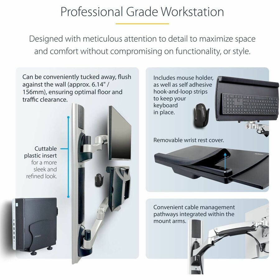 StarTech.com Wall Mount Workstation, VESA Mount 22lb/10kg, Fully Articulating Monitor Mount & Keyboard Tray, Standing Desk w/PC Bracket — 2PASTSC-WALL-MOUNT