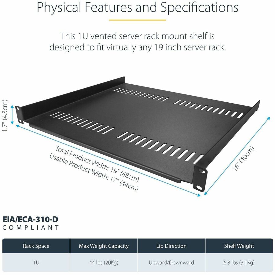 StarTech.com 1U Server Rack Cabinet Shelf - Fixed 16" Deep Cantilever Rackmount Tray for 19" Data/AV/Network Enclosure w/Cage Nuts, Screws — CABSHELF116V2PK