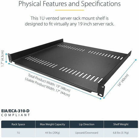 StarTech.com 1U Server Rack Cabinet Shelf - Fixed 16" Deep Cantilever Rackmount Tray for 19" Data/AV/Network Enclosure w/Cage Nuts, Screws — CABSHELF116V2PK