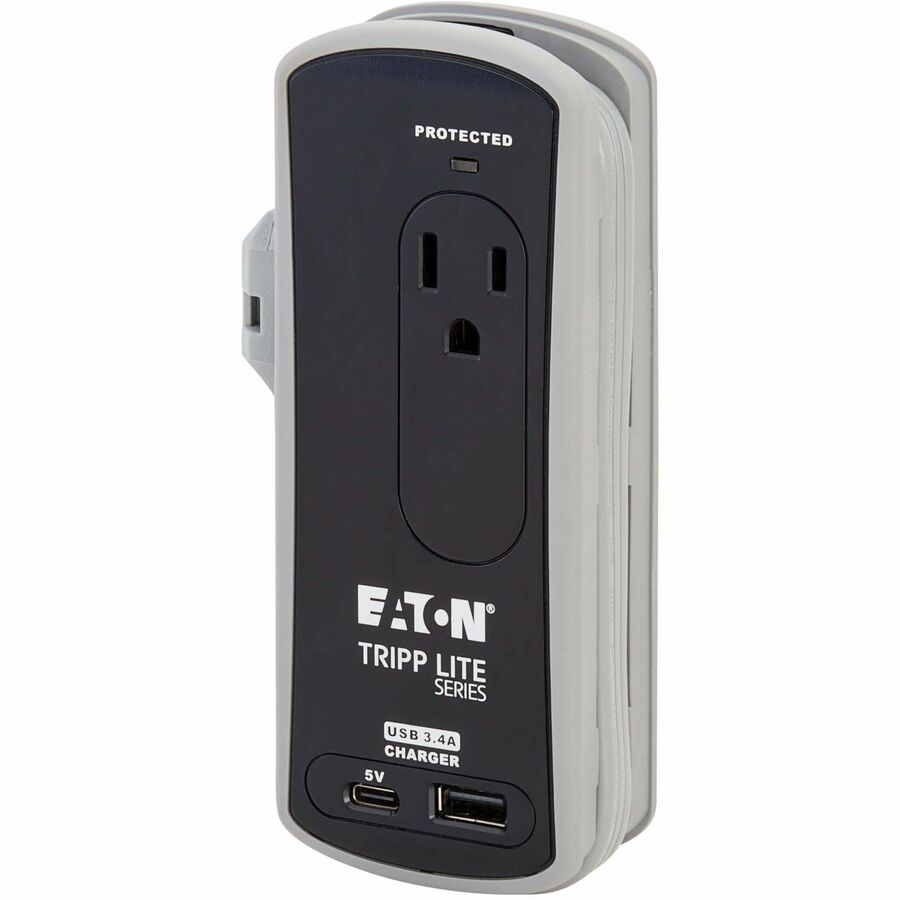 Eaton Tripp Lite Series Protect It! 2-Outlet Travel-Size Surge Protector - 5-15R Outlets, USB-C and USB-A Ports, 5-15P Input, Black — TRAVELER3USBC