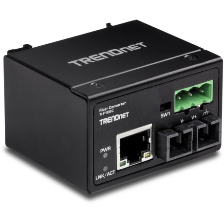 TRENDnet Hardened Industrial 100Base-FX Multi-Mode SC Fiber Converter, (2km, 1.2 Miles), IP40 Rated Housing, TI-F10SC,Black,Lifetime Protection — TI-F10SC