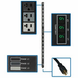 Eaton Tripp Lite Series 5.7kW 3-Phase Local Metered PDU, 120V Outlets (42 5-15/20R), 208V L21-20P input, 6 ft. (1.83 m) Cord, 0U Vertical, TAA — PDU3MV6L2120LV