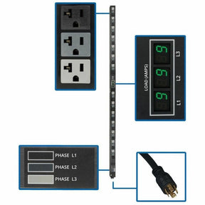 Eaton Tripp Lite Series 5.7kW 3-Phase Local Metered PDU, 120V Outlets (42 5-15/20R), 208V L21-20P input, 6 ft. (1.83 m) Cord, 0U Vertical, TAA — PDU3MV6L2120LV
