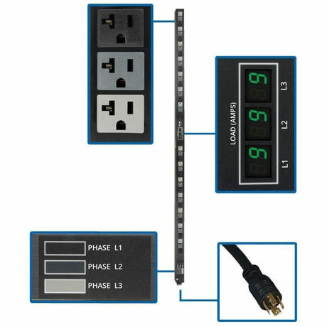 Eaton Tripp Lite Series 5.7kW 3-Phase Local Metered PDU, 120V Outlets (42 5-15/20R), 208V L21-20P input, 6 ft. (1.83 m) Cord, 0U Vertical, TAA — PDU3MV6L2120LV