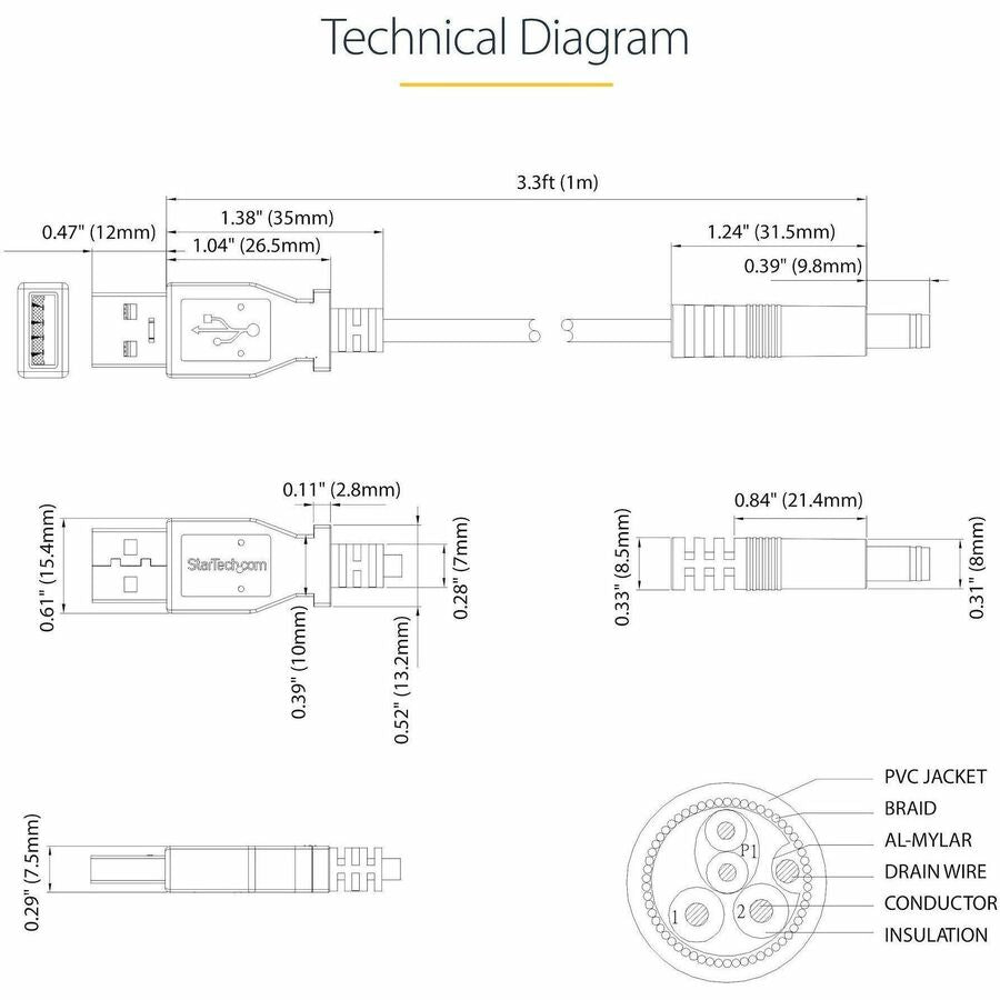 StarTech.com 1m USB to Type N Barrel 5V DC Power Cable - USB A to 5.5mm DC — USB2TYPEN1M
