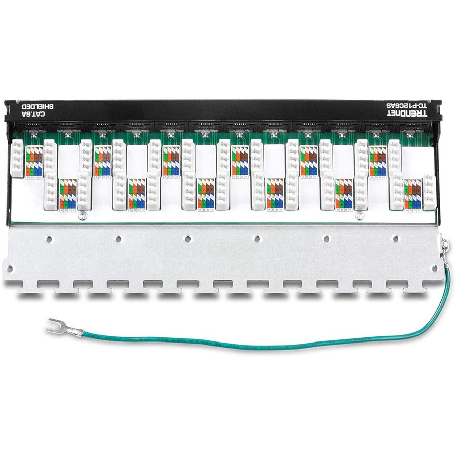 TRENDnet 12-Port Cat6A Shielded Patch Panel, 10G Ready, Cat5e,Cat6,Cat6A Compatible, Metal Housing, Color-Coded Labeling For T568A And T568B Wiring, Cable Management, Wall Mountable, Black, TC-P12C6AS