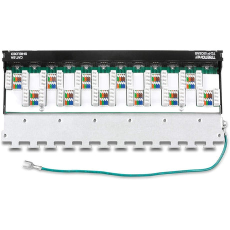 TRENDnet 12-Port Cat6A Shielded Patch Panel, 10G Ready, Cat5e,Cat6,Cat6A Compatible, Metal Housing, Color-Coded Labeling For T568A And T568B Wiring, Cable Management, Wall Mountable, Black, TC-P12C6AS