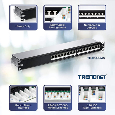 TRENDnet 16-Port Cat6A Shielded Patch Panel, 1U 19" Metal Housing, 10G Ready, Cat5e,Cat6,Cat6A Compatible, Cable Management, Color-Coded Labeling for T568A and T568B Wiring, Black, TC-P16C6AS