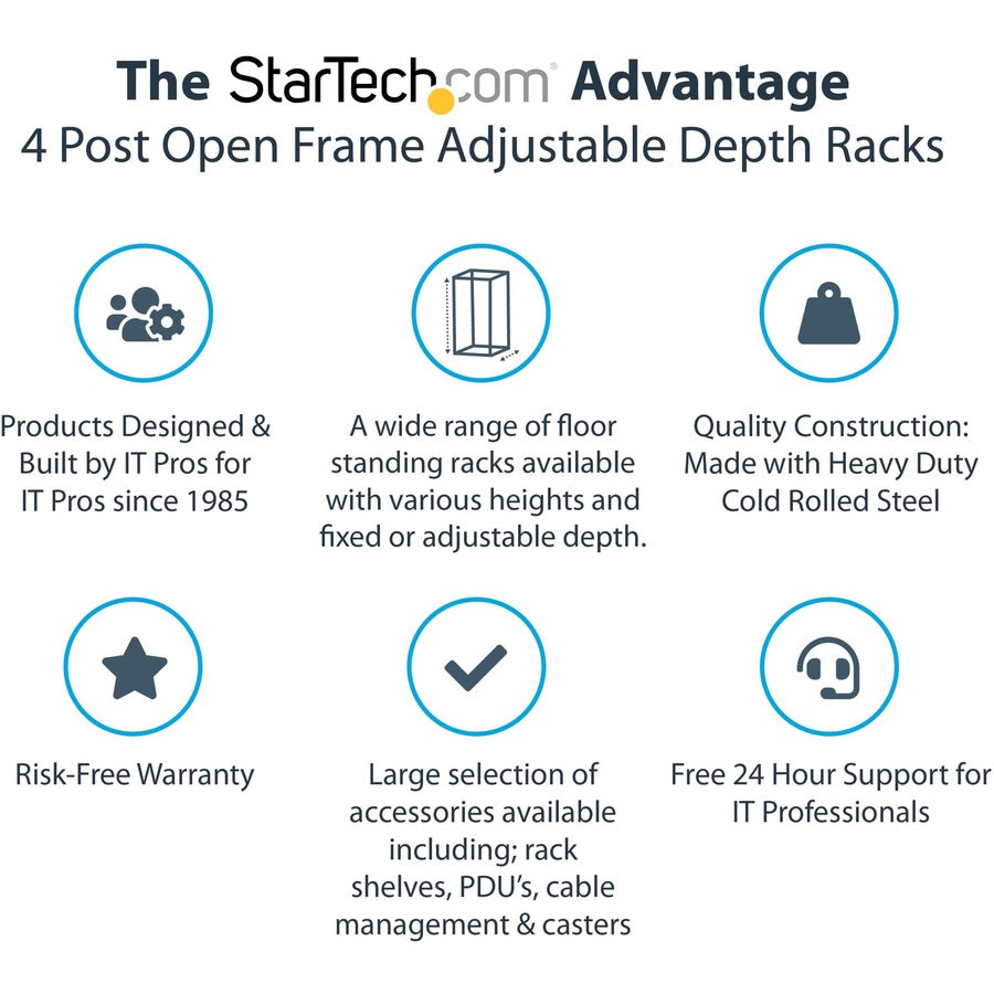 StarTech.com 4-Post 42U Mobile Open Frame Server Rack, 19" Network Rack with Casters, Rolling Rack for Computer/AV/Data/IT Equipment — 4POSTRACK42