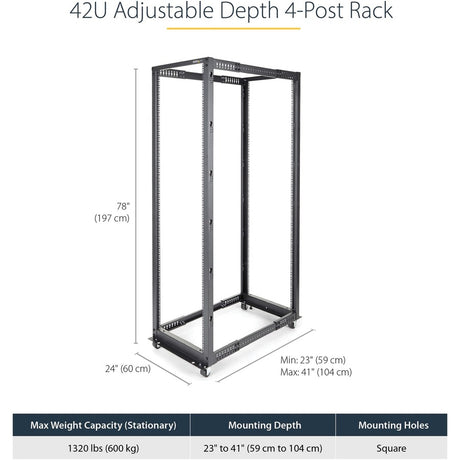 StarTech.com 4-Post 42U Mobile Open Frame Server Rack, 19" Network Rack with Casters, Rolling Rack for Computer/AV/Data/IT Equipment — 4POSTRACK42