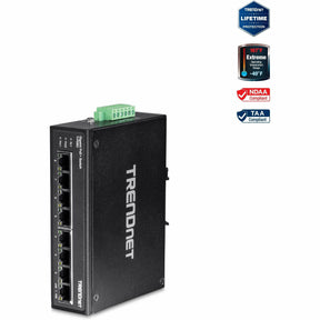 TRENDnet 8-Port Industrial Gigabit PoE+ DIN-Rail Switch, TI-PG80, 8 x Gigabit PoE+ Ports, 200W PoE Power Budget, 16Gbps Switching Capacity, NDAA TAA Compliant, Lifetime Protection — TI-PG80