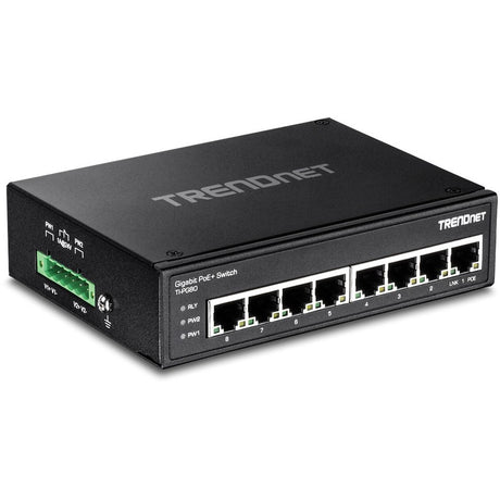 TRENDnet 8-Port Industrial Gigabit PoE+ DIN-Rail Switch, TI-PG80, 8 x Gigabit PoE+ Ports, 200W PoE Power Budget, 16Gbps Switching Capacity, NDAA TAA Compliant, Lifetime Protection — TI-PG80