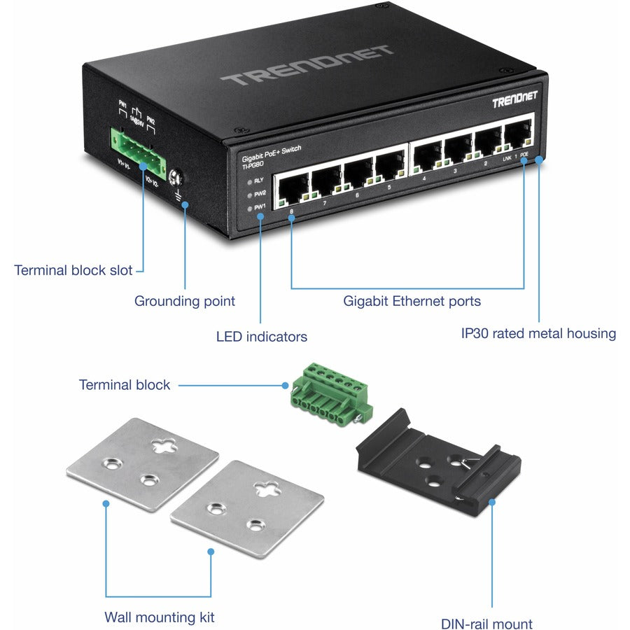 TRENDnet 8-Port Industrial Gigabit PoE+ DIN-Rail Switch, TI-PG80, 8 x Gigabit PoE+ Ports, 200W PoE Power Budget, 16Gbps Switching Capacity, NDAA TAA Compliant, Lifetime Protection — TI-PG80