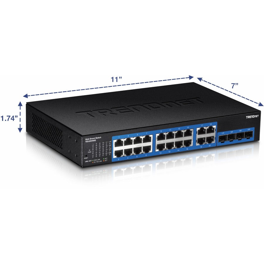 TRENDnet 20-Port Gigabit Web Smart Switch; 16 x Gigabit Ports; 4 x shared Gigabit Ports (RJ-45/SFP); VLAN; QoS; LACP; IPv6 Support; 40 Gbps Switching Capacity; Lifetime Protection; TEG-204WS