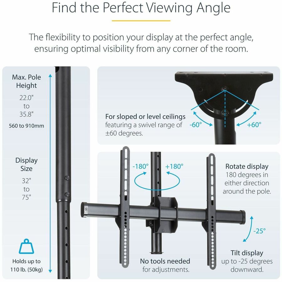 StarTech.com TV Ceiling Mount, Full-Motion Hanging Single Screen Vesa Mount for 32"-75" TVs / Displays - Height Adjustable Telescopic Pole — FPCEILPTBSP