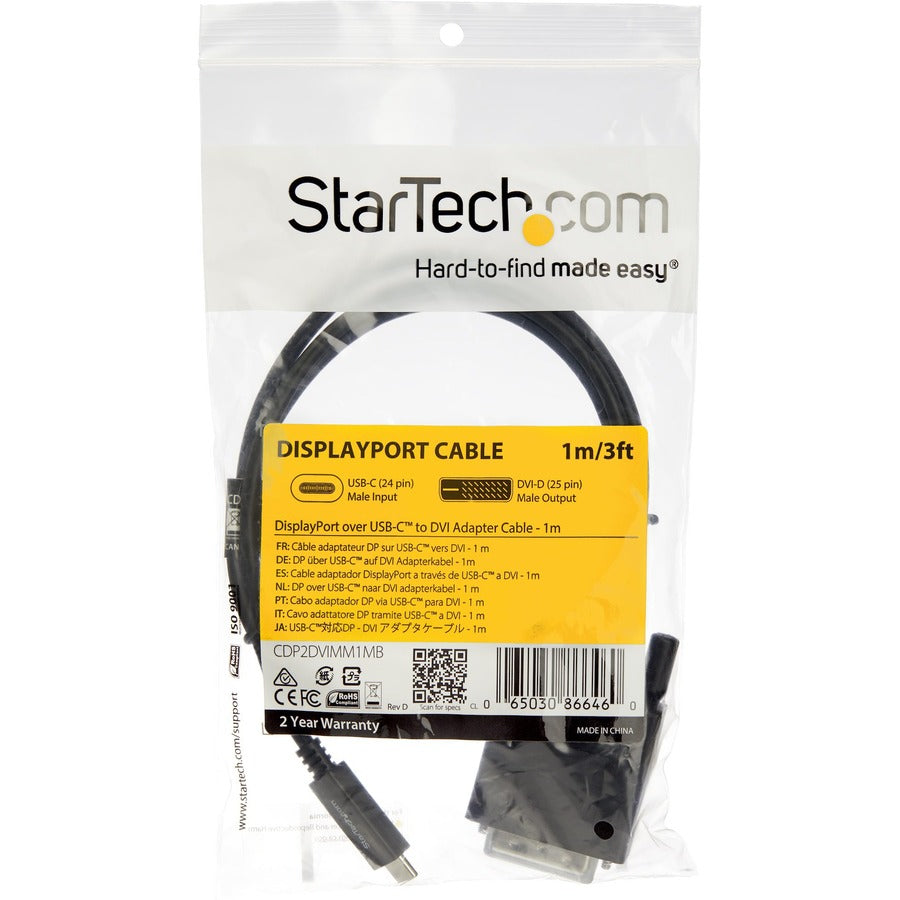 StarTech.com 3.3 ft / 1 m USB-C to DVI Cable - USB Type-C Video Adapter Cable - 1920 x 1200 - Black — CDP2DVIMM1MB