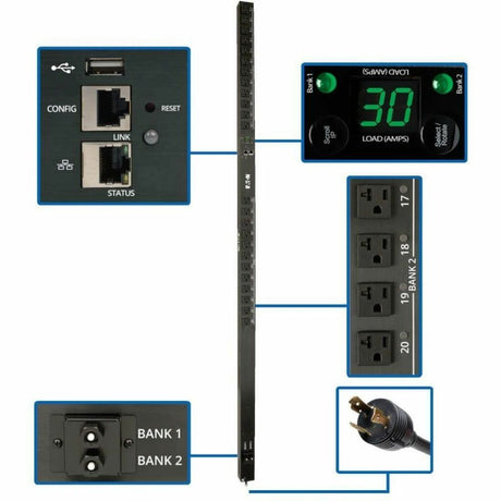 Eaton 2.9kW Single-Phase Switched PDU - LX Interface, 120V Outlets (24 5-15/20R), 10 ft. (3.05 m) Cord with L5-30P, 0U, TAA — PDUMV30NETLX