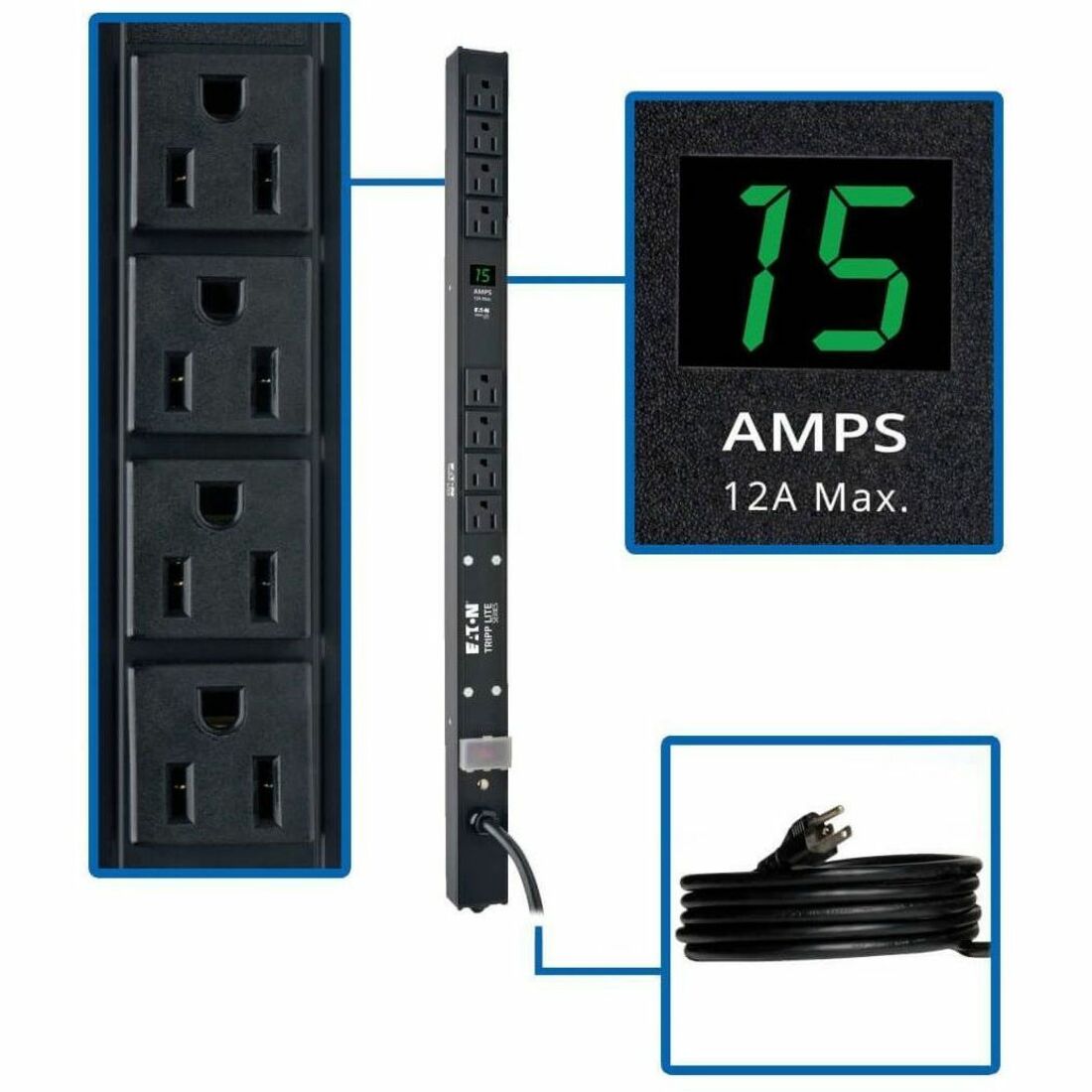 Eaton Tripp Lite Series 1.5kW Single-Phase Local Metered PDU, 100-127V Outlets (8 5-15R), 5-15P, 15 ft. (4.57 m) Cord, 0U Vertical, 24 in. — PDUMV15-24