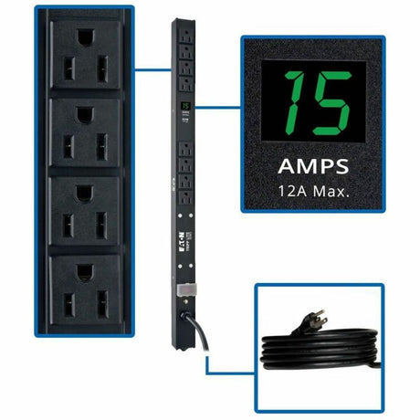 Eaton Tripp Lite Series 1.5kW Single-Phase Local Metered PDU, 100-127V Outlets (8 5-15R), 5-15P, 15 ft. (4.57 m) Cord, 0U Vertical, 24 in. — PDUMV15-24