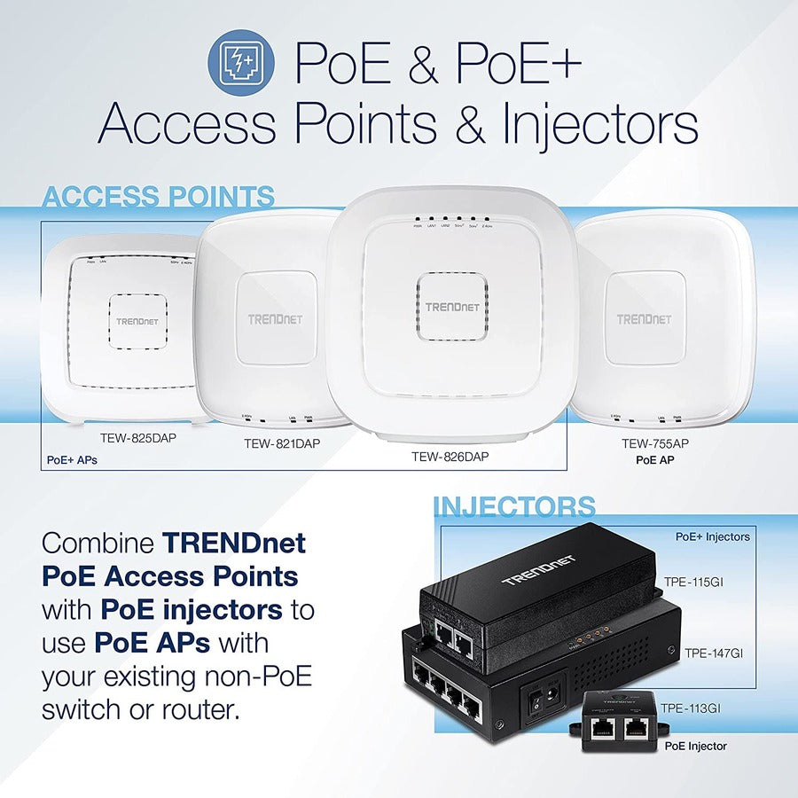 TRENDnet AC2200 Tri-Band PoE+ Indoor Wireless Access Point, 867Mbps WiFi AC + 400Mbps WiFi N Bands, Wave 2 MUMIMO, Client bridge, WDS, AP, WDS Bridge, WDS Station, Repeater Modes, White, TEW-826DAP