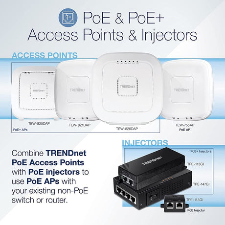 TRENDnet AC2200 Tri-Band PoE+ Indoor Wireless Access Point, 867Mbps WiFi AC + 400Mbps WiFi N Bands, Wave 2 MUMIMO, Client bridge, WDS, AP, WDS Bridge, WDS Station, Repeater Modes, White, TEW-826DAP