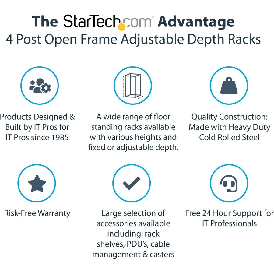 StarTech.com 4-Post 18U Mobile Open Frame Server Rack, 19" Network Rack with Casters, Rolling Rack for Computer/AV/Data/IT Equipment — 4POSTRACK18U