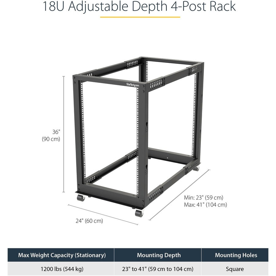 StarTech.com 4-Post 18U Mobile Open Frame Server Rack, 19" Network Rack with Casters, Rolling Rack for Computer/AV/Data/IT Equipment — 4POSTRACK18U
