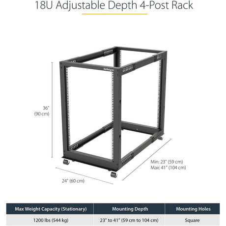 StarTech.com 4-Post 18U Mobile Open Frame Server Rack, 19" Network Rack with Casters, Rolling Rack for Computer/AV/Data/IT Equipment — 4POSTRACK18U