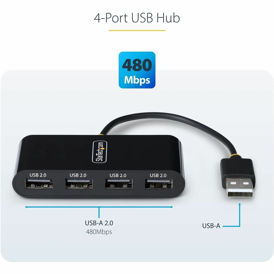 StarTech.com 4-Port USB 2.0 Hub, USB Bus Powered, Small Travel Mini USB Hub, Multi-Port USB 2.0 Splitter, Portable USB Hub, 480Mbps — ST4200MINI2-USB-HUB