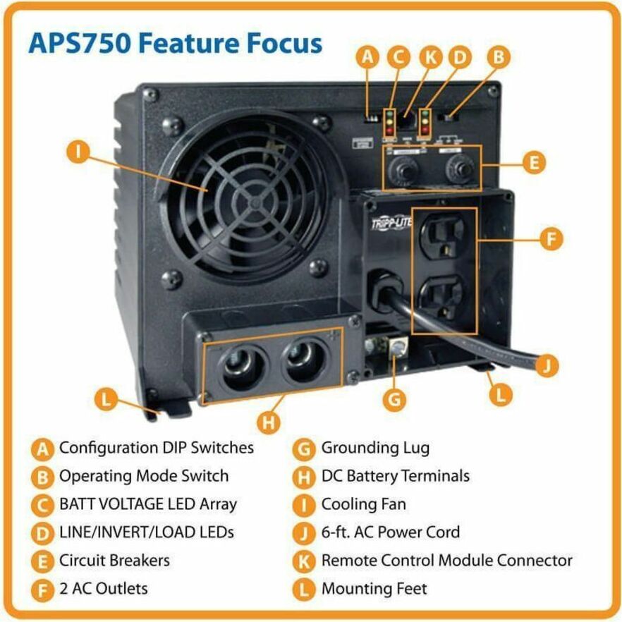 Eaton Tripp Lite Series 750W PowerVerter APS 12VDC 120V Inverter/Charger with Auto-Transfer Switching, 2 Outlets — APS750