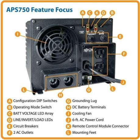 Eaton Tripp Lite Series 750W PowerVerter APS 12VDC 120V Inverter/Charger with Auto-Transfer Switching, 2 Outlets — APS750